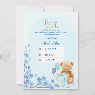 Convite de Chá de Bebê | Ursinho Teddy Azul Bebê