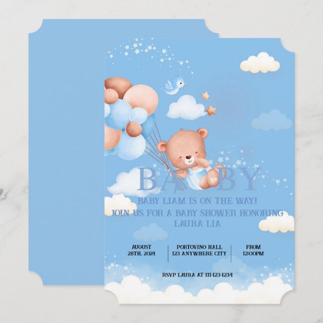 CONVITE DE CHÁ DE BEBÊ URSO DE PELÚCIA AZUL (Frente/Verso)