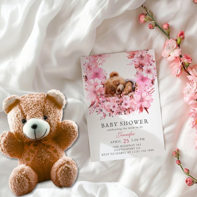 Convite de Chá de Bebê Urso de Pelúcia Floral Rosa (Criador carregado)