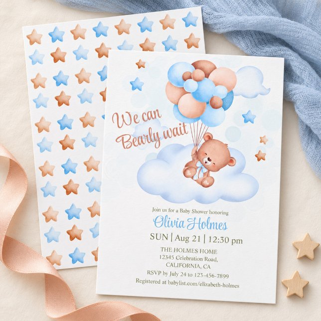 Convite de Chá de Bebê Urso de Pelúcia no Céu (Teddy Bear in the Sky Baby Shower Invitation)