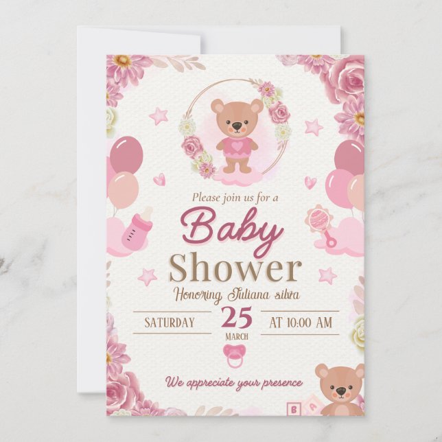 Convite de Chá de Bebê Urso de Pelúcia Rosa (Frente)