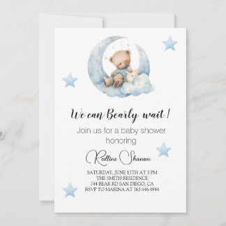 Convite de Chá de Bebê Urso Fofo & Estrelas Azuis