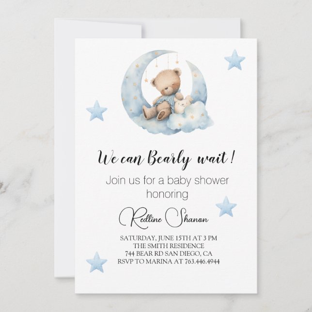 Convite de Chá de Bebê Urso Fofo & Estrelas Azuis (Frente)