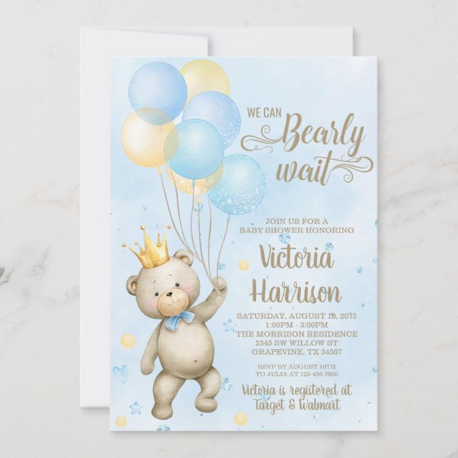 Convite de Chá de Bebê Urso Menino (Frente)