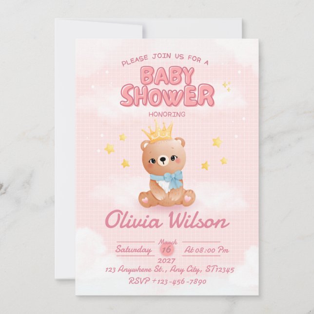 Convite de Chá de Bebê Urso Rosa (Frente)