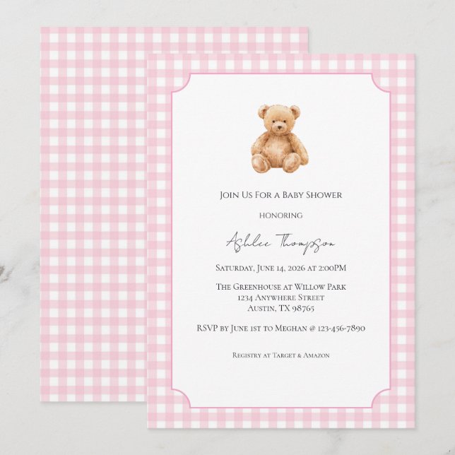Convite de Chá de Bebê Urso Teddy Clássico Elegant (Frente/Verso)