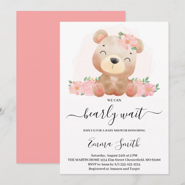Convite de Chá de Bebê Urso Teddy Floral Rosa (Frente/Verso)