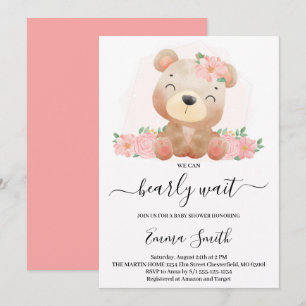 Convite de Chá de Bebê Urso Teddy Floral Rosa
