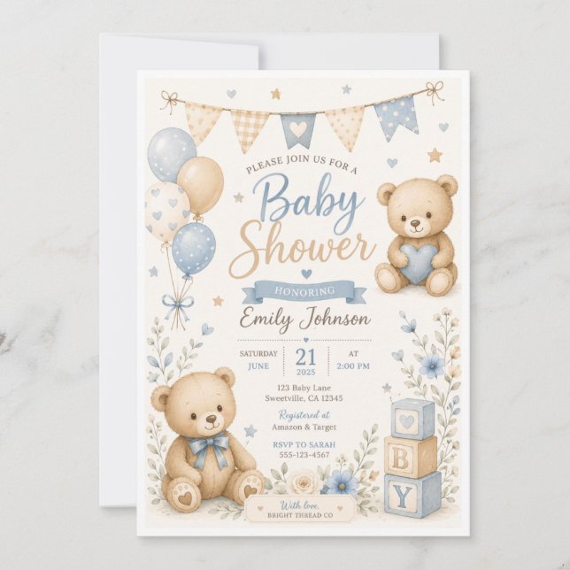 Convite de Chá de Bebê Urso Teddy Fofo (Frente)