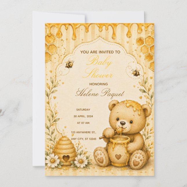 Convite de Chá de Bebê Urso Teddy Mel (Frente)