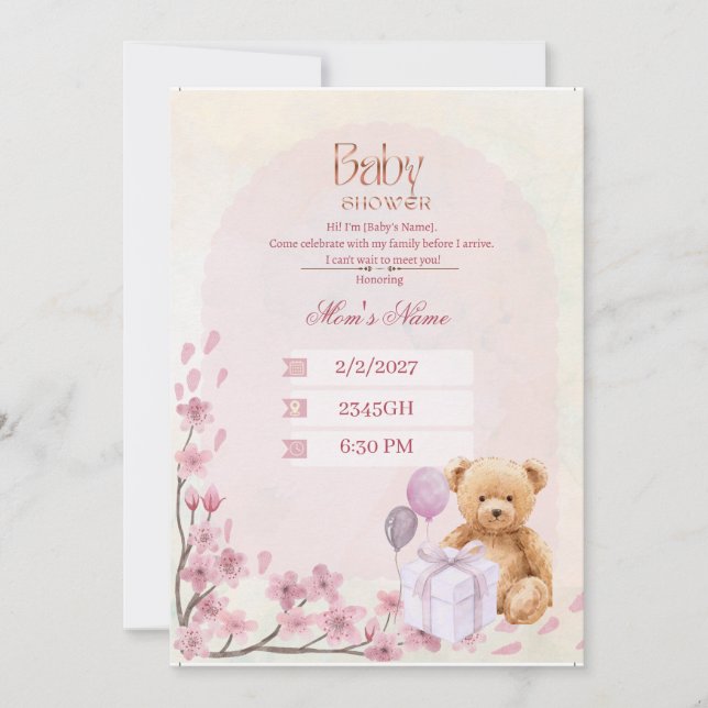Convite de Chá de Bebê | Urso Teddy Verde Sage Beb (Frente)