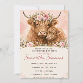 Convite de Chá de Bebê Vaca Highland Rosa
