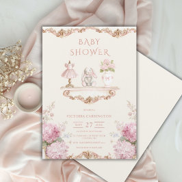 Convite de Chá de Bebê Vintage com Hortênsia Rosa