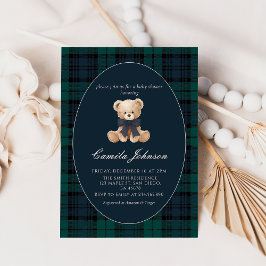 Convite de Chá de Bebê Xadrez Azul Teddy Bear
