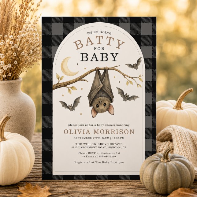 Convite de Chá de Bebê Xadrez de Morcegos de Hallo (Criador carregado)