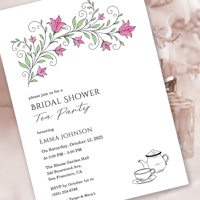 Convite de Chá de Festa de Noivado Floral Rosa (Pink Floral Bridal Shower Tea Party Invitation)