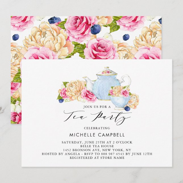 Convite de chá de festa floral em aquarela (Frente/Verso)