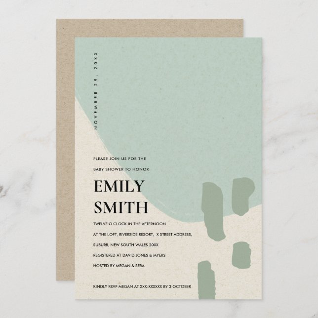 CONVITE DE CHÁ DE FRALDAS AZUL MODERNO ABSTRATO SO (Frente/Verso)