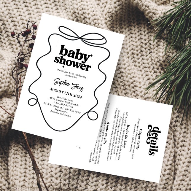 Convite de Chá de fraldas Branco e Preto Minimalis (Criador carregado)