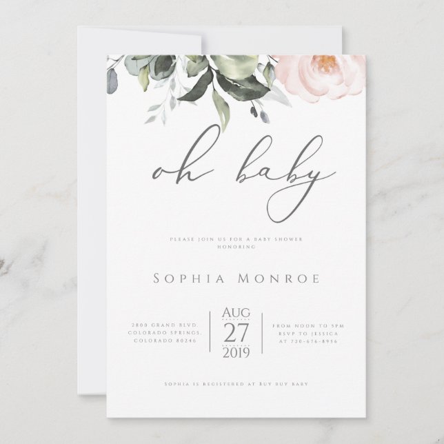 Convite De Chá de fraldas De Blush Floral (Frente)
