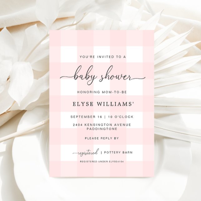 Convite de Chá de fraldas Gingham Rosa (Baby Shower Invitation Pink Gingham )