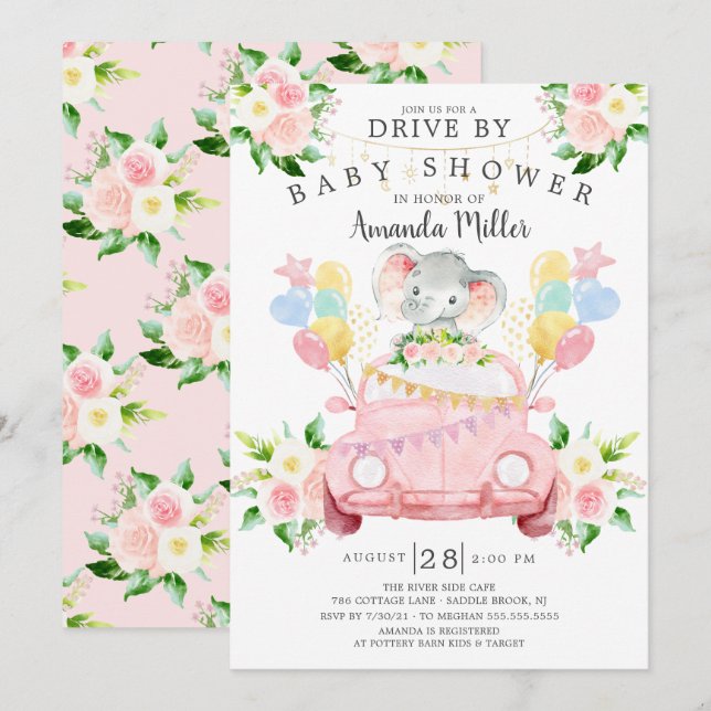 Convite De Chá de fraldas Para Raparigas Elefantes (Frente/Verso)