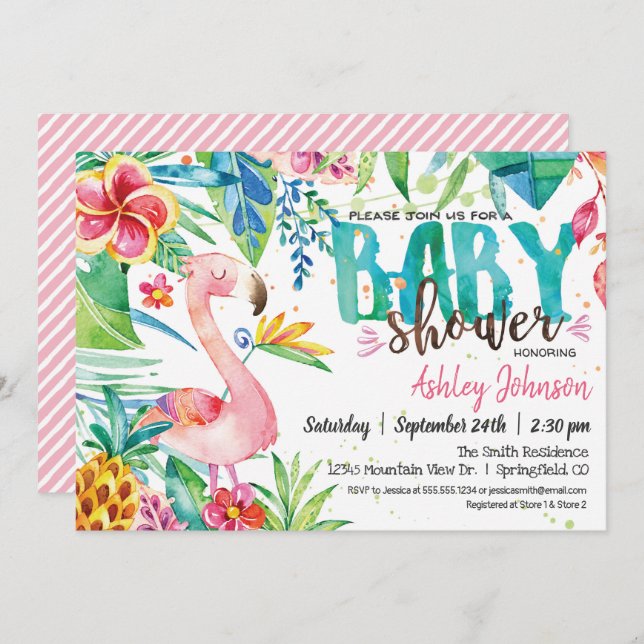 Convite de Chá de fraldas Tropical Flamingo (Frente/Verso)