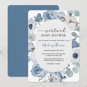 Convite de Chá de fraldas Virtual Floral Azul Dust