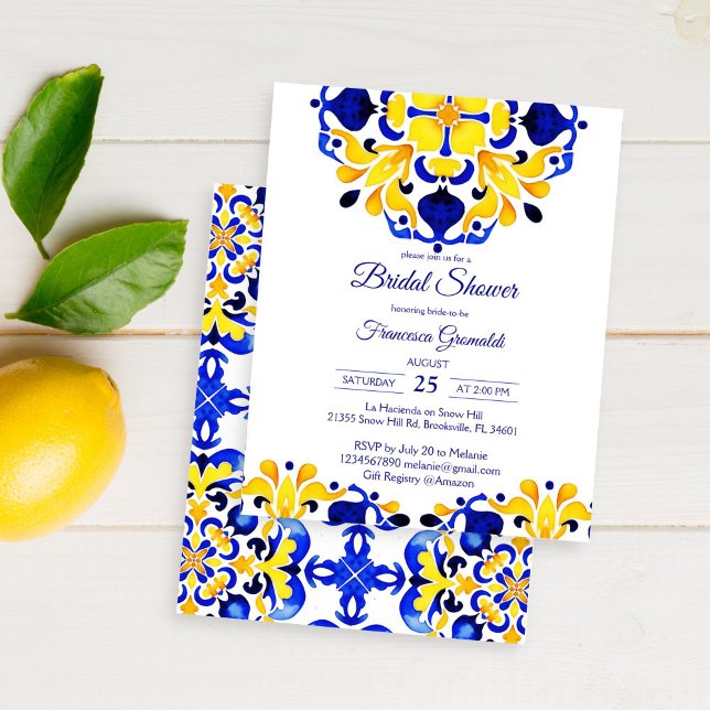 Convite de chá de lingerie em azulejos Talavera az (Talavera azulejo Maiolica blue tiles Mediterranean Mexican bridal shower affordable budget invite )