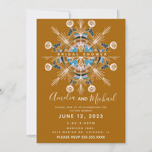 Convite de Chá de Noiva Arte Boho Mostarda Mandala (Frente)