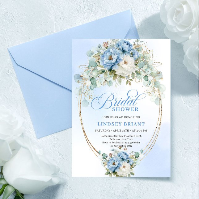 Convite de Chá de Noiva Azul Pastel Dourado Peônia (Pretty Pastel Blue Peony Gold Bridal Shower Invite

)