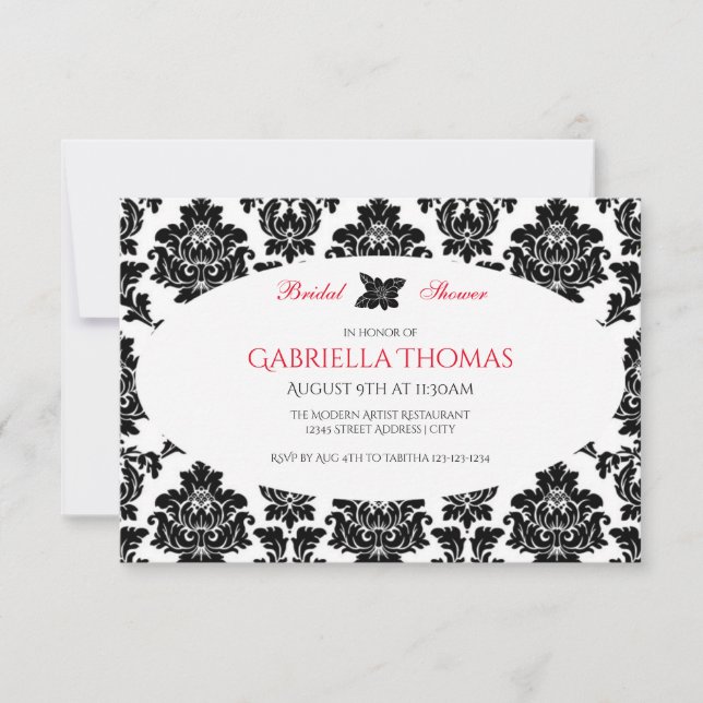 Convite de Chá de Noiva Black Damask & Flower-3x5 (Frente)