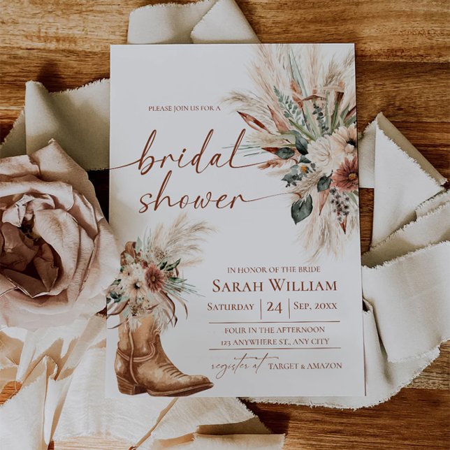 Convite de Chá de Noiva Boots and Blooms (Western Cowgirls Boots and Blooms Bridal Shower Invitation Card)
