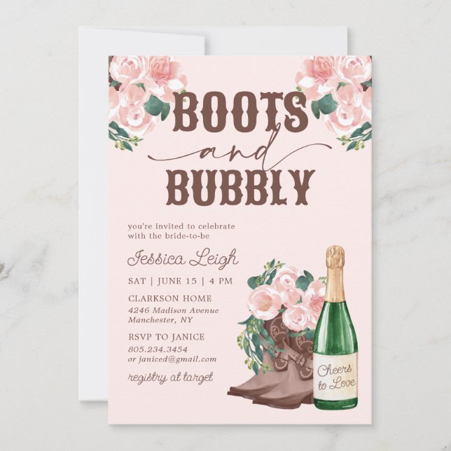 Convite de Chá de Noiva Boots & Bubbly Floral Cham (Frente)