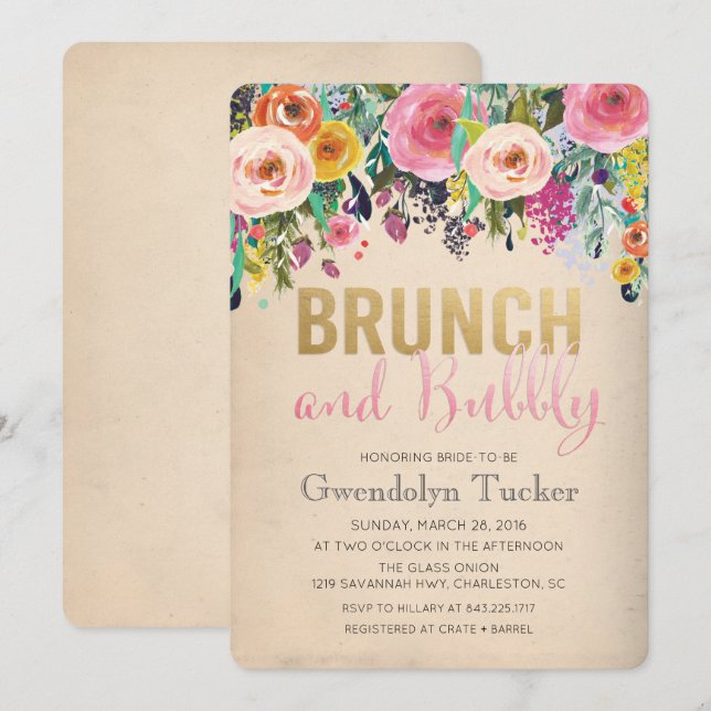 Convite de Chá de Noiva Brunch e Bubbly (Frente/Verso)