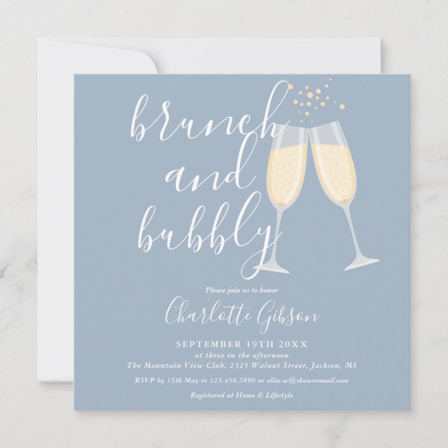 Convite de Chá de Noiva Bubbly Brunch Azul Empoeir (Frente)