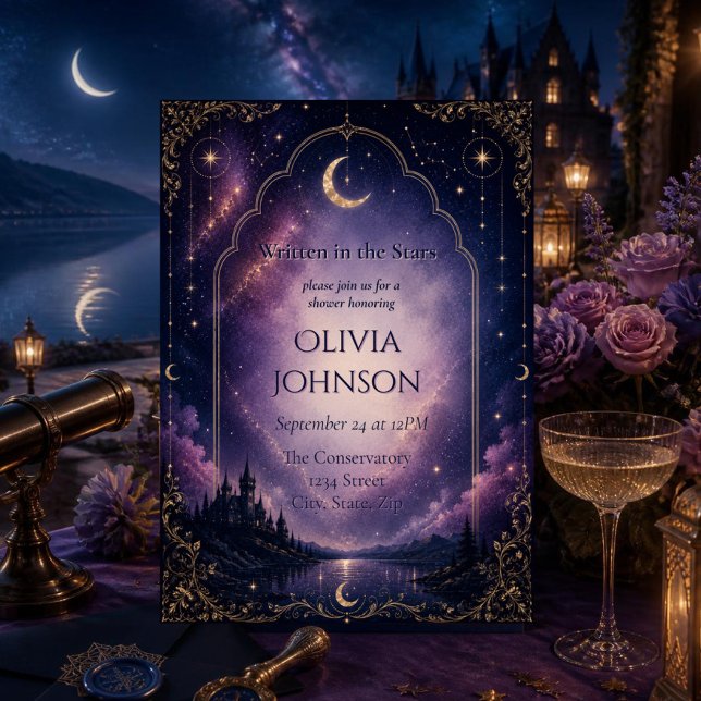 Convite de Chá de Noiva Celestial | Enluarado (Elegant celestial bridal shower invitation with moonlit castle, purple galaxy & gold Art Deco frame)