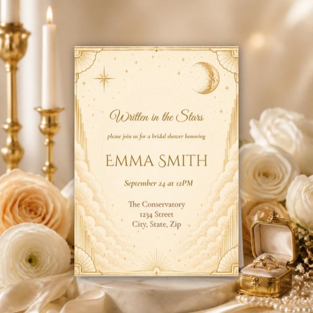 Convite de Chá de Noiva Celestial | Lua Elegante (Elegant celestial bridal shower invitation with gold moon and stars.)