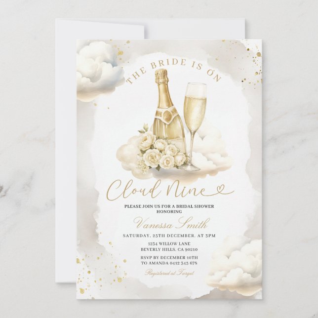 Convite de Chá de Noiva Champagne Cloud Nine (Frente)