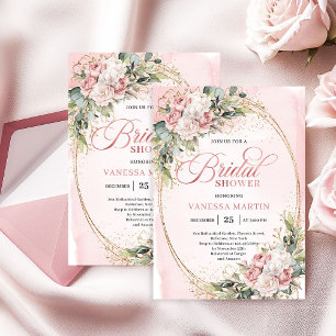 Convite de Chá de Noiva Chic Dusty Pink com Folhag