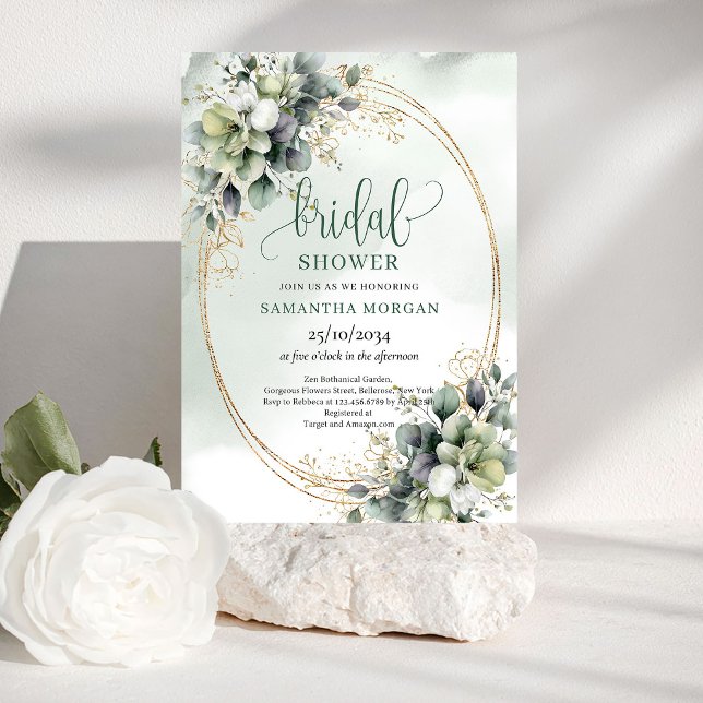 Convite de Chá de Noiva Clássico com Verde e Doura (Classic Charm Greenery Gold Bridal Shower Invitation)