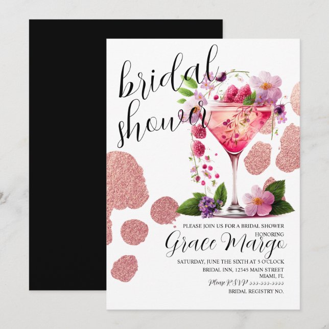 Convite de Chá de Noiva Cocktail Botânico Berry Go (Frente/Verso)