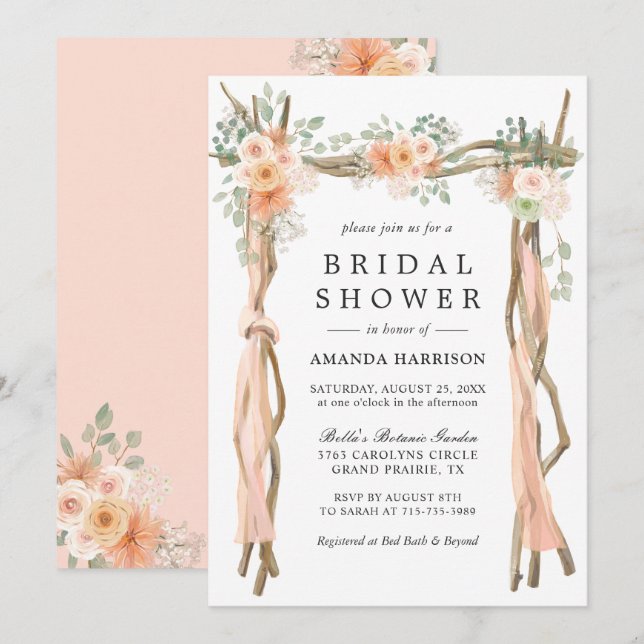 Convite de Chá de Noiva com Arco Floral Rosa Bege (Frente/Verso)