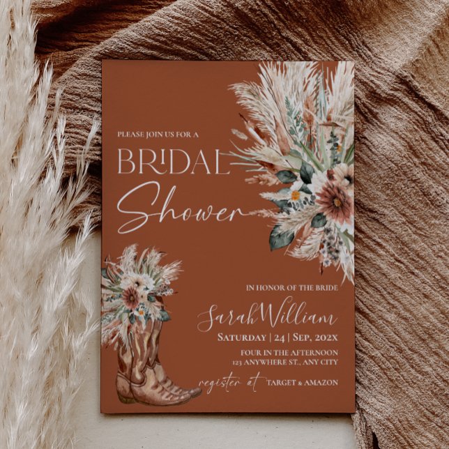 Convite de Chá de Noiva com Botas de Cowboy Wester (Western Cowboy Boots Bridal Shower Invitation Card - Boho Terracotta Rustic Fall Wedding)