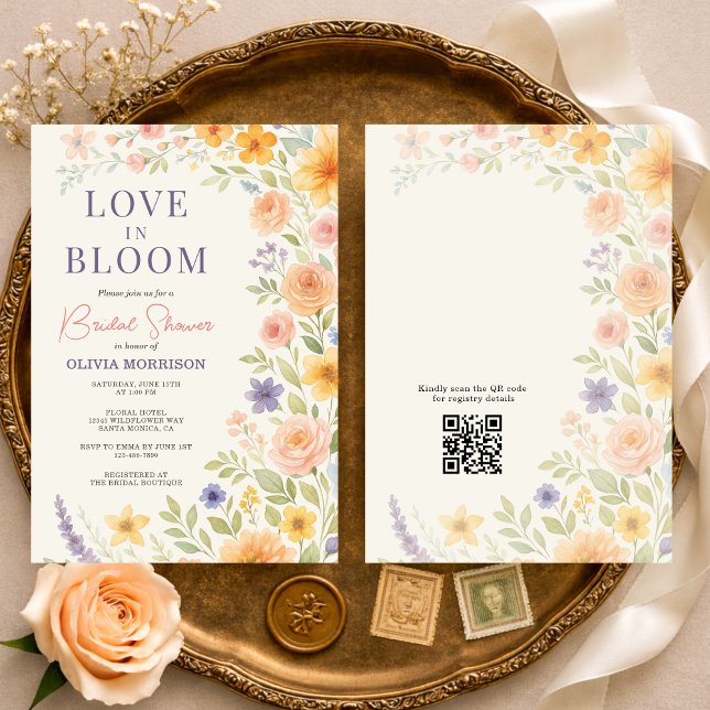 Convite de Chá de Noiva com Código QR Floral Love  (Criador carregado)