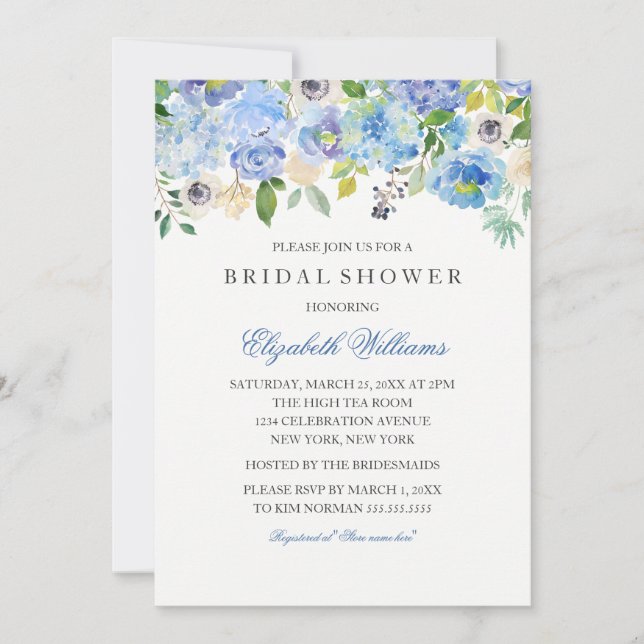 Convite de Chá de Noiva com Floral Azul em Aquarel (Frente)