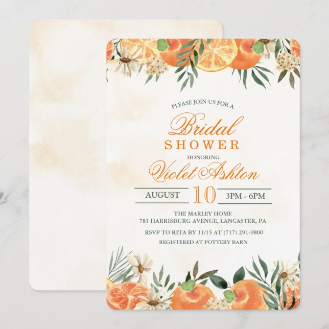 Convite de Chá de Noiva com Floral Laranja em Aqua (Frente/Verso)