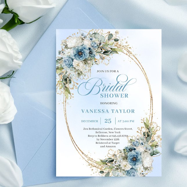 Convite de Chá de Noiva com Flores Azuis Empoeirad (Luxury Dusty Blue Flowers Bridal Shower Invitation)