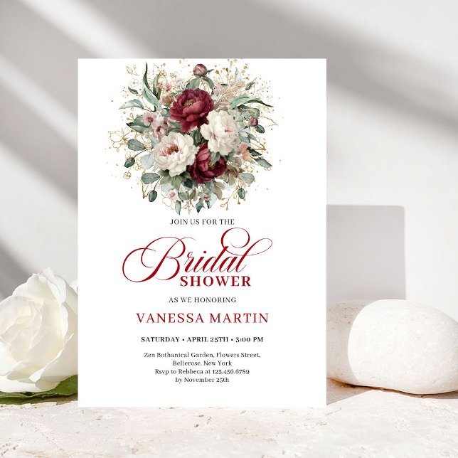 Convite de Chá de Noiva com Flores Burgundy Atempo (Timeless Burgundy Flowers Bridal Shower Invitation)