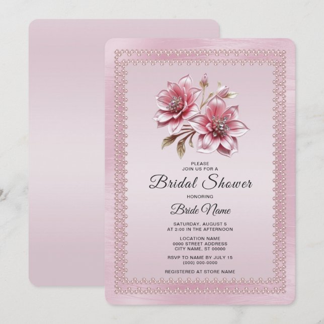 Convite de Chá de Noiva com Flores Rosas Modernas (Frente/Verso)